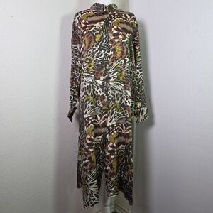 Mango Abstract Animal Print Button-Front Midi Shirt Dress Boho Art Print  Size L
